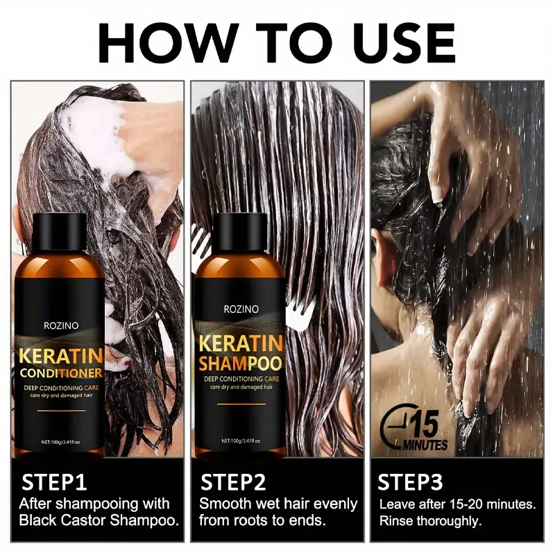 ROZINO Keratin Shampoo and Conditioner Set, 2pcs - Deep Conditioning and Cleaning Care for Dry Hair, Unisex-adult, Glycerin Enriched, Smooth Silky Finish, Hydrating Long-Lasting Scent, Hair Care Combo