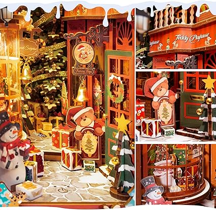 ROBOTIME DIY Miniature Dollhouse Wood Kit Book Nook Shelf Insert Kit, Christmas Street With LED Lights TGC06