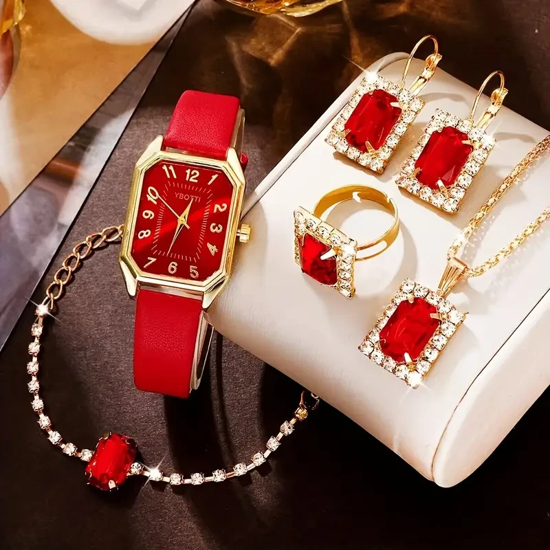 Retro Rectangle Womens Quartz Watch & Jewelry Set
