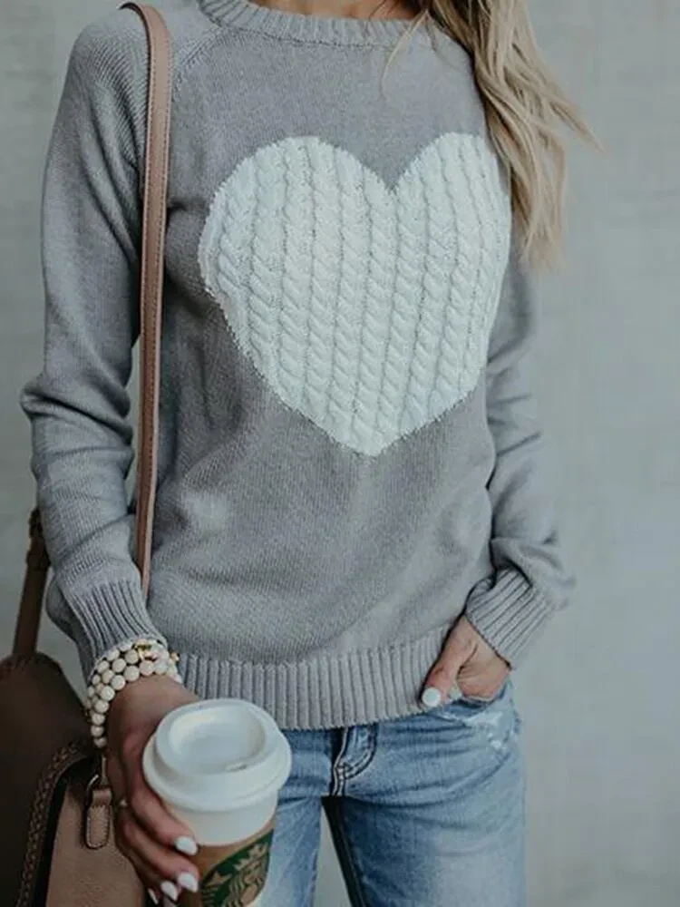 Autumn Winter Women Sweaters Heart Pattern Printed Long Sleeve Tops O-Neck Lovely Pullovers Knitted Loose Sweaters Tops