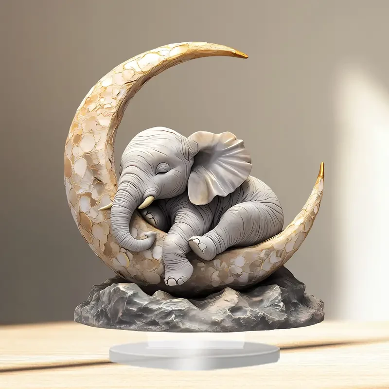 Bohemian Style Acrylic Elephant Moon Crest Statue, 20.32cm x 17.78cm