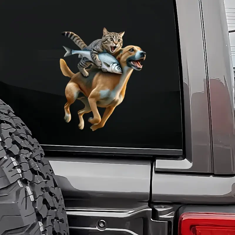 Funny Cat Riding Dog High-Quality Vinyl Decal, Self-Adhesive Waterproof