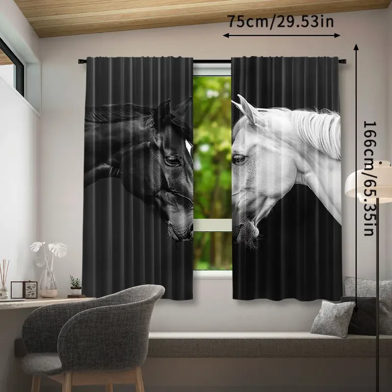 2pcs Set 3D Horse Print Curtains - Rod Pocket, Semi-Sheer Window