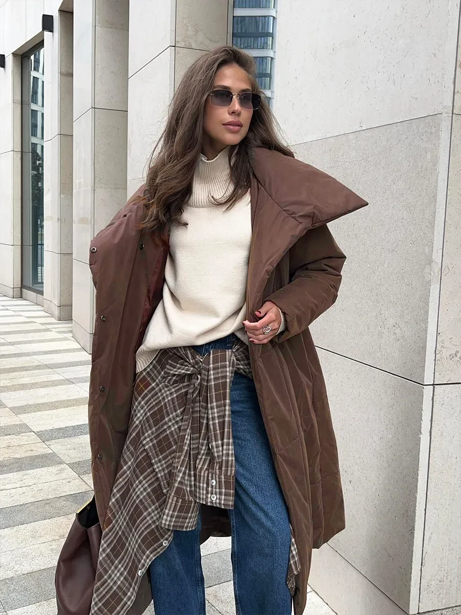 Fashion Large Lapel Long Coat Winter Warm Cotton Jacket With Pockets And Lace-up Design Casual Solid Color Thick Coat For Women Outwear Clothing