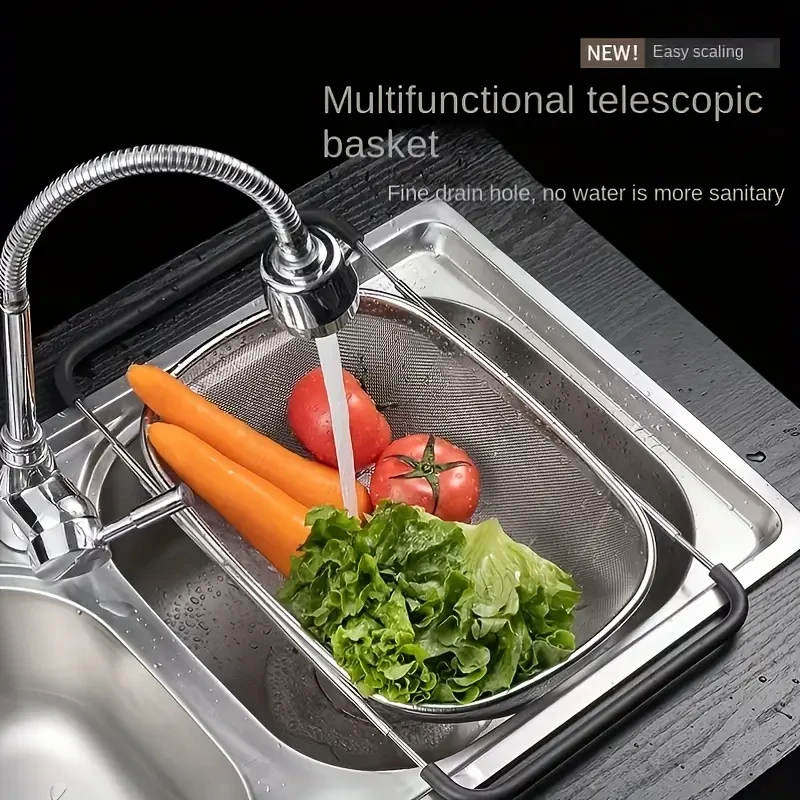 1pc, Sink Colander, Vegetable Sink Washing Basket, Fruit Drain Basket Rack, Stainless Steel Drain Basket