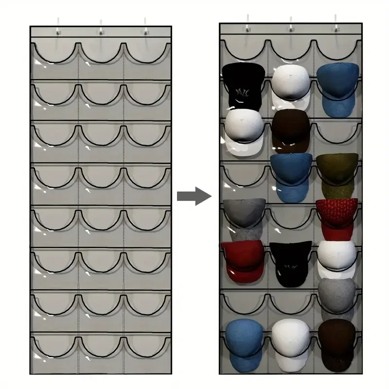 Space-Saving 24-Pocket Baseball Cap Organizer - Over-the-Door Hat Storage & Display Rack, Durable Fabric, Easy Install with Hooks
