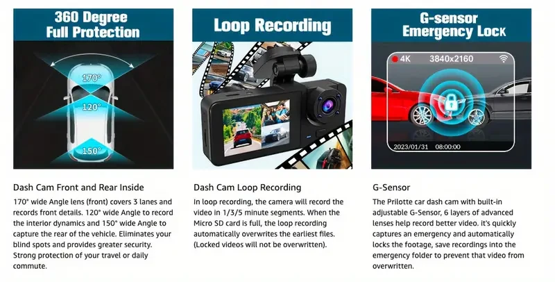 4K UHD Dash Camera for Cars with Front and Rear View, Night Vision, and Free 32GB SD Card