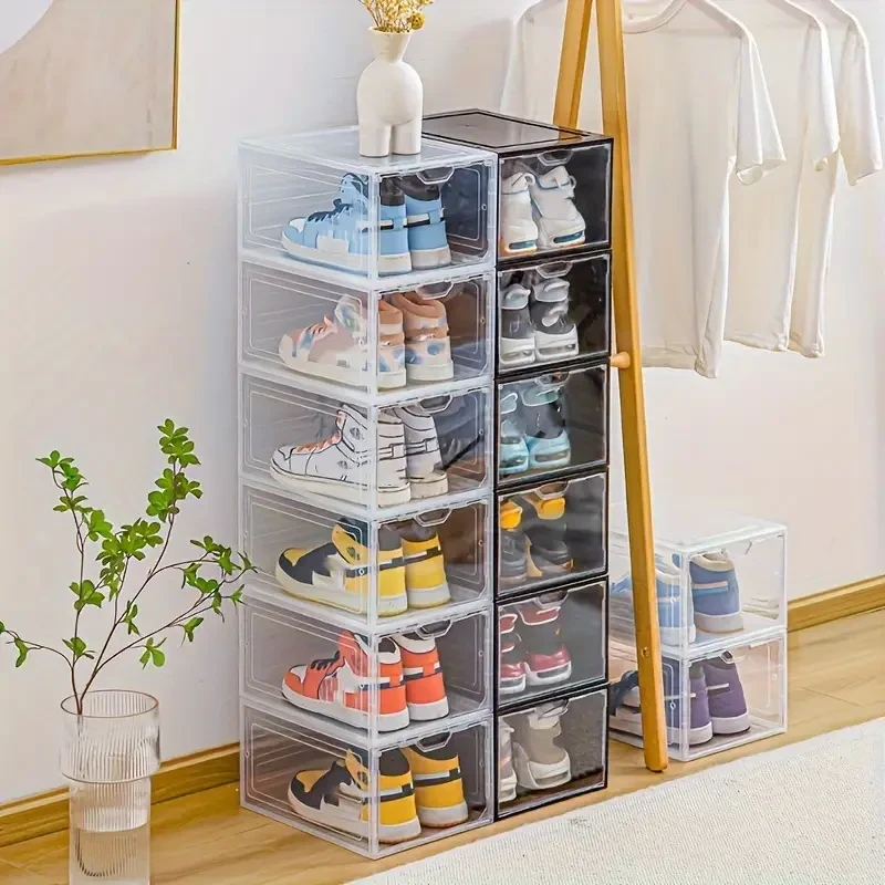 6pcs Shoe Box With Magnetic Door, Plastic Shoes Storage Box, Shoe Collection Display Container, Household Space Saving Storage Organizer For Bedroom, Bathroom, Office, Entryway, Hallway, Closet, Wardrobe, Home, Dorm