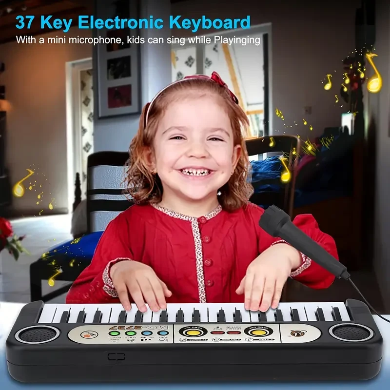 37-Key Youngsters' Electronic Piano Keyboard Toy with Microphone - Perfect Educational Musical Gift for Christmas & Thanksgiving, Black