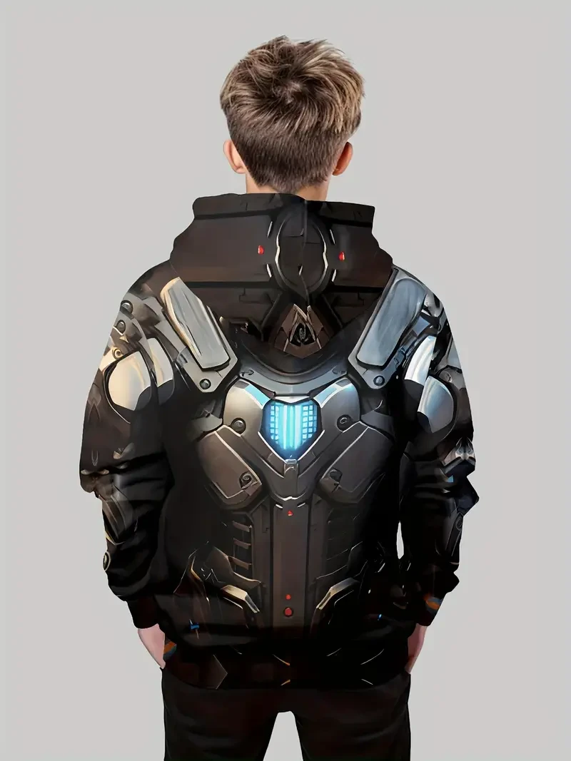Boys' 3D Printed Mech Armor Design Hoodie - Casual Crew Neck Pullover with Long Sleeves, Polyester & Spandex Blend, Slight Stretch Fabric, Fall/Winter Comfort Fit with Front Pocket, Ideal for Outdoor Activities & Casual Wear, Ages 12 and Under