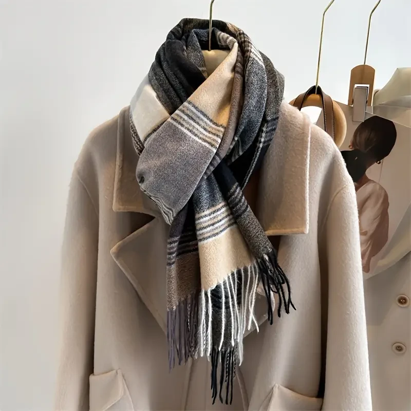 Stylish Jacquard Plaid Fringe Scarf