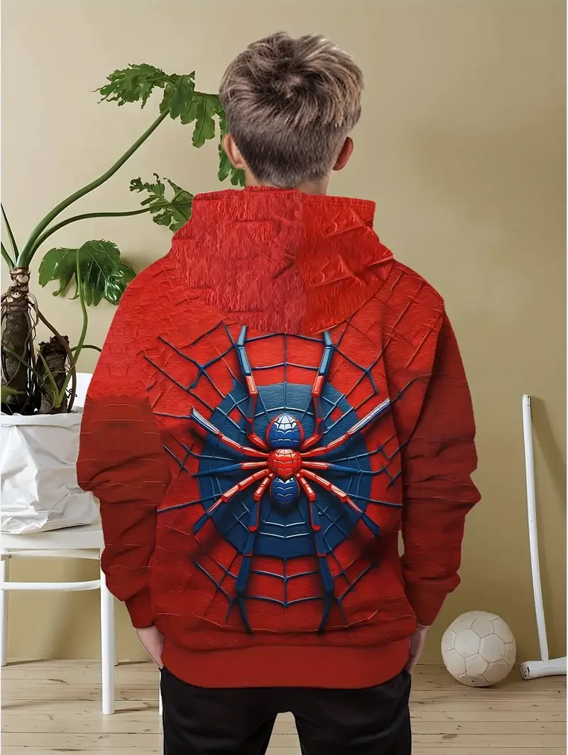 Boys' Cool Red Spider Print Hoodie - Casual Long Sleeve Pullover for Spring & Fall, Machine Washable