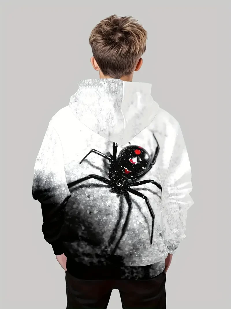 Boys' Cozy Spider 3D Print Pullover Hoodie - Casual Long Sleeve Sweatshirt with Kangaroo Pocket, Stretchy Polyester Blend, Machine Washable, Perfect for Fall & Winter