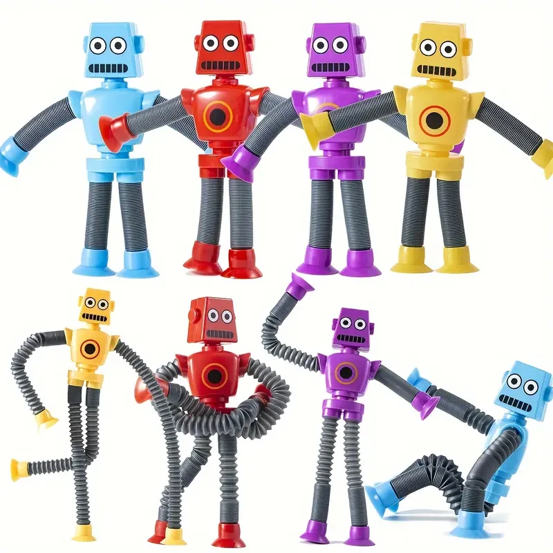 8-Piece Stretchy Robot Toy Set with Suction Cups, Includes 4 Color