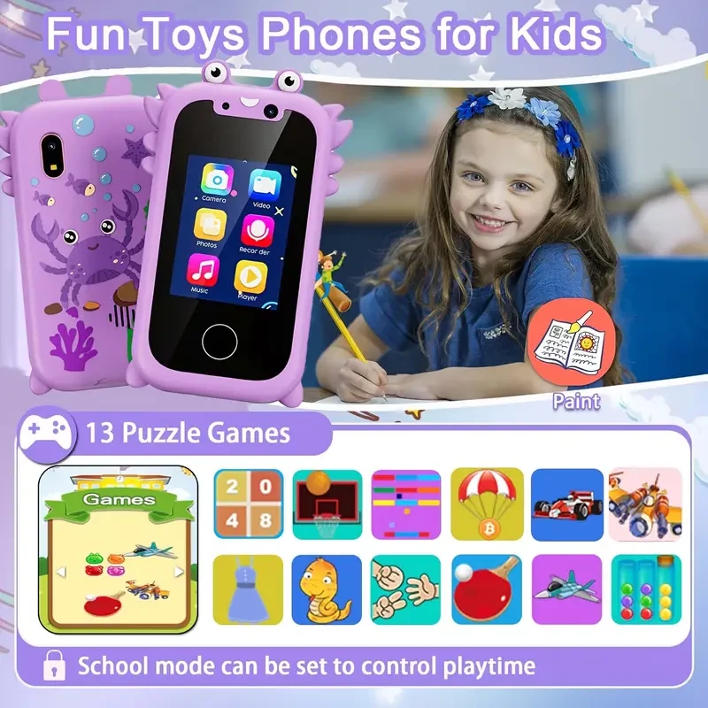 All-in-one Portable Learning Mobile Phone, Smart Camera Suitable For Aged 3-9, Toddler Music Player With Dual Cameras, Touch Screen With Educational Game Alarm Clock And Other Functions, Back-to-school Season, Birthday Gift
