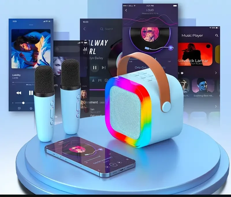 Portable Karaoke Machine Set with 2 Wireless Microphones and LED Disco Light Speaker - USB Rechargeable with 18650 Lithium Battery for Family Parties and Birthday Gifts