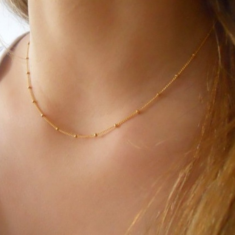 Sparkling Trendy Gold Thin Choker Bead Chain Necklace