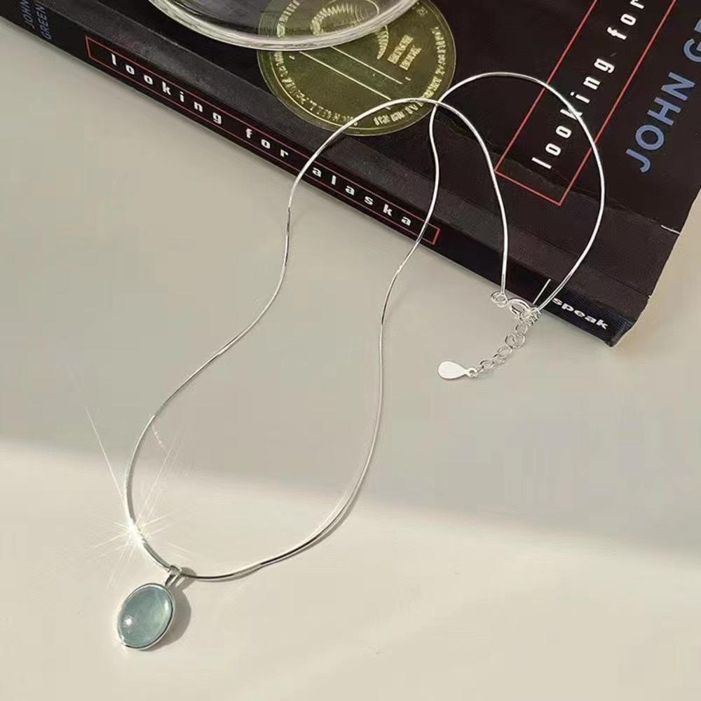 Silver Color Oval Aquamarine Pendant Necklace