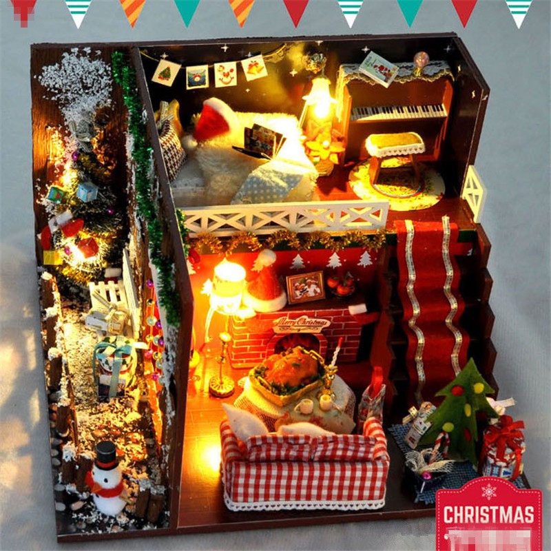 Diy Christmas Cottages Miniature House Christmas Decorations for Home Wood Lighting Diy Dollhouse Christmas Toys Gift Brinquedos