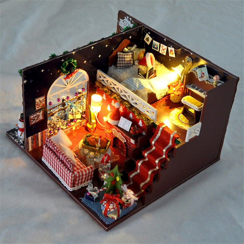 Diy Christmas Cottages Miniature House Christmas Decorations for Home Wood Lighting Diy Dollhouse Christmas Toys Gift Brinquedos