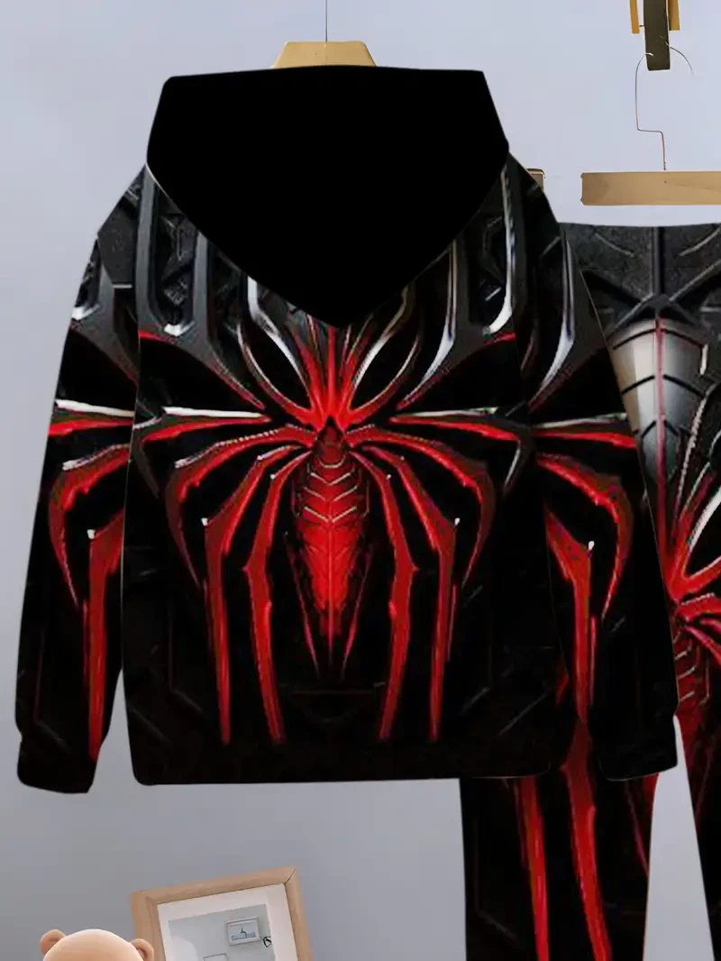Boys' Casual Spider-Inspired Hoodie and Pants Set - Geometric Polyester Knit Fabric with Slight Stretch, Long Sleeve Pullover Top & Loose Fit Trousers for Outdoor, Running, Party - Spring/Summer Big & Tall Sportswear Outfit