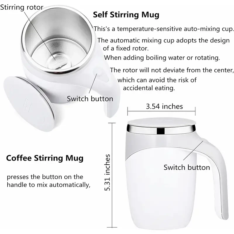 Electric Magnetic Stirring Coffee Mug - Self Mixing Stainless Steel Travel Cup (12 oz, White)
