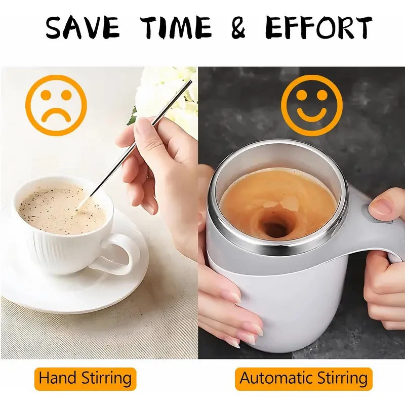 Electric Magnetic Stirring Coffee Mug - Self Mixing Stainless Steel Travel Cup (12 oz, White)