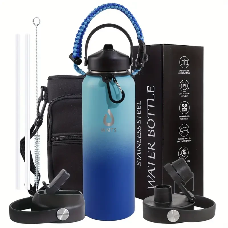 Insulated Stainless Steel Water Bottle with Straw and Brush - 40oz/60oz, Double Wall, 2 Lids, with Carrying Pouch and Loop