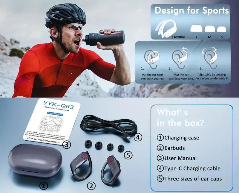 120H Long-Lasting Wireless Sports Headphones - Earbud Headphones with BT5.3, Hi-fi Stereo, ENC HD Talking, LED Power Display - Black Color Option