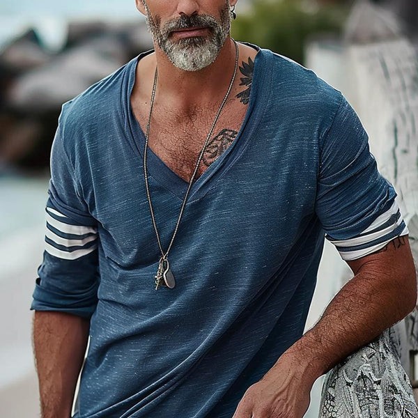 Loose V-Neck Striped Patchwork Long-Sleeved T-Shirt