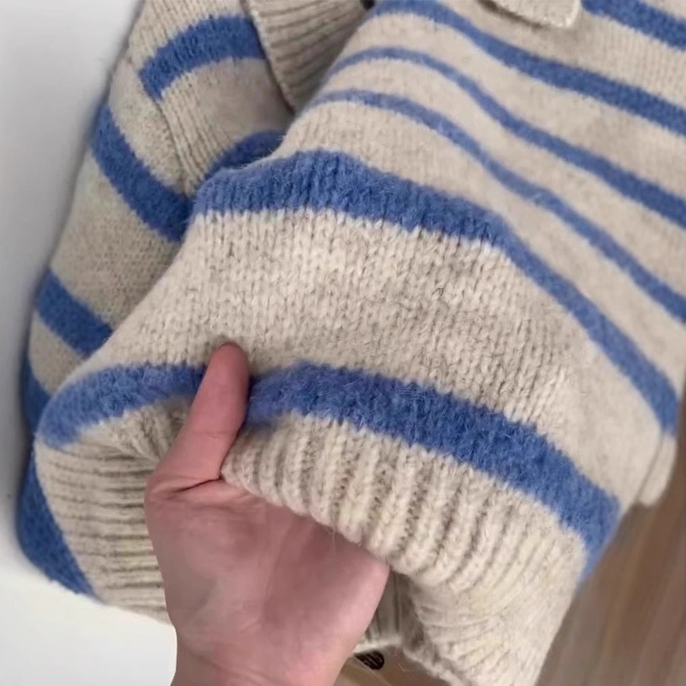 Blue Striped Polo Lapel Long Sleeve Soft Glutinous Sweater