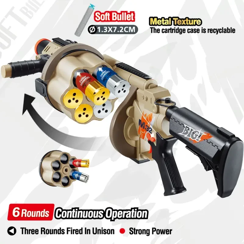 M32 Grenade Launcher Toy Gun - Unique Design, Large Magazine, Ejecting Shell, Shoots 3 Soft Bullets - Ideal Outdoor Sport Gift For Kids, Christmas, Halloween, Birthday Gifts, Nerf Shotgun