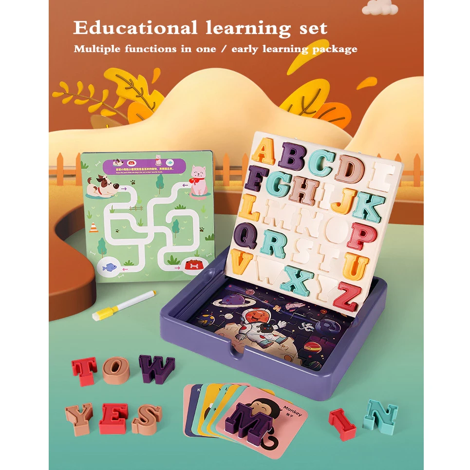 Meibeile 3in1 Alphabet With Handle Storage English Letter Learning Shape Matching Diy Puzzle Set Line Drawing Maze Kids