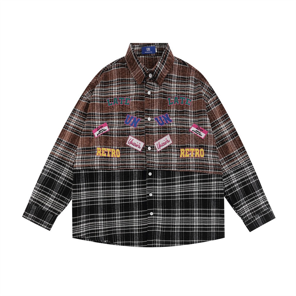 Plaid Coat Women's Spring And Autumn High Street Fashionable Design Stitching Embroidered Letter Long Sleeve Shirt