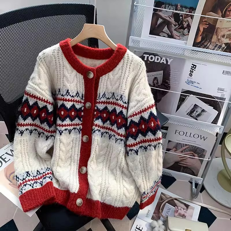 Retro Red New Year Sweater Coat For Women