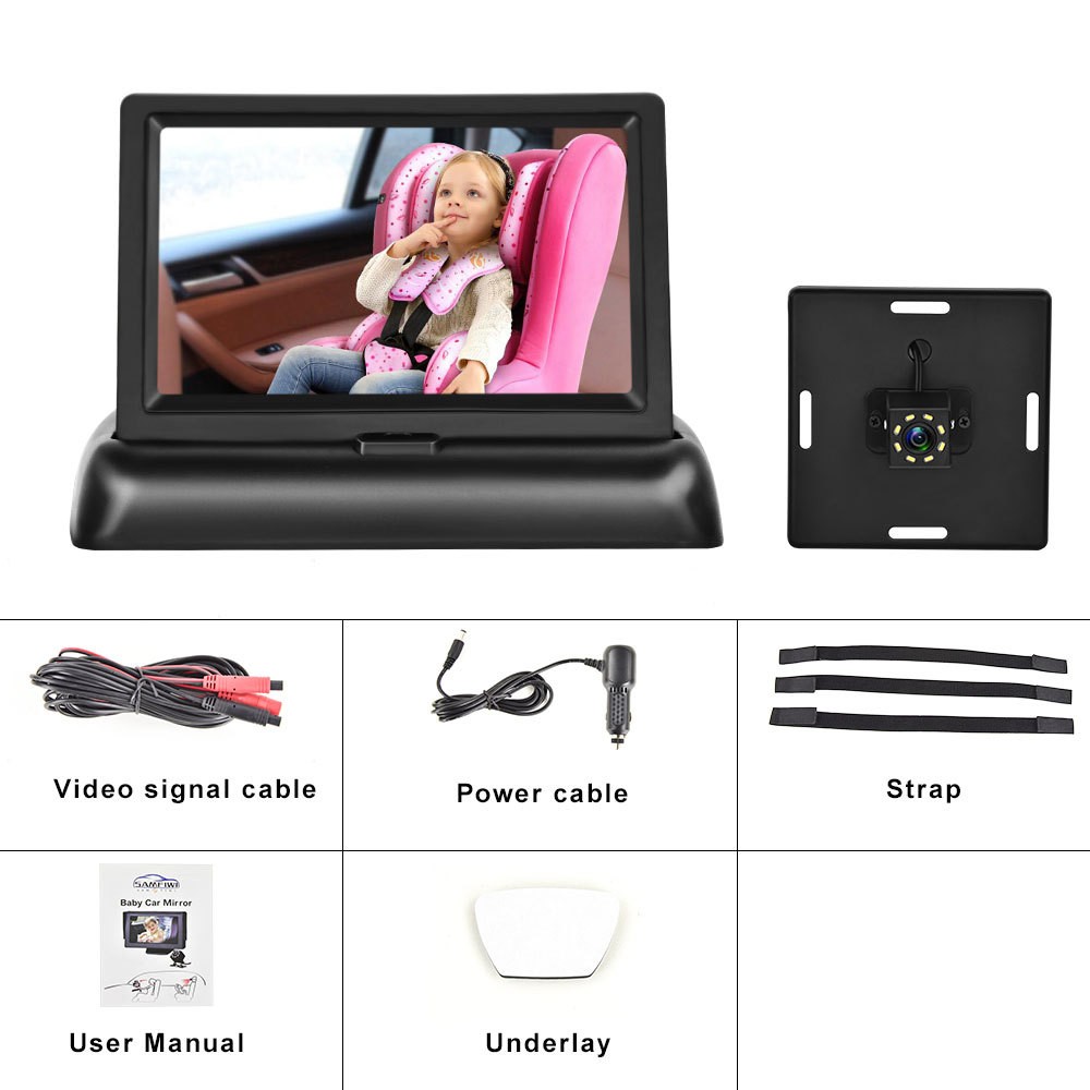 12-24V Folding Screen For Baby Monitoring Images In Car With Cigarette Lighter Power Cord Night Vision Eight-lamp Camera