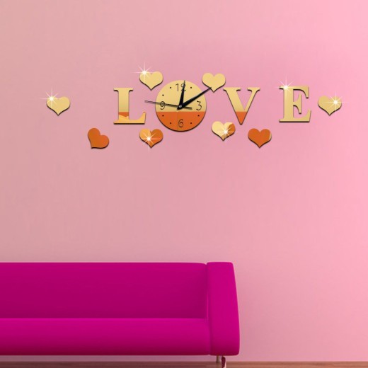Creative Diy Letter Heart-shaped Mirror Clock Home Decoration