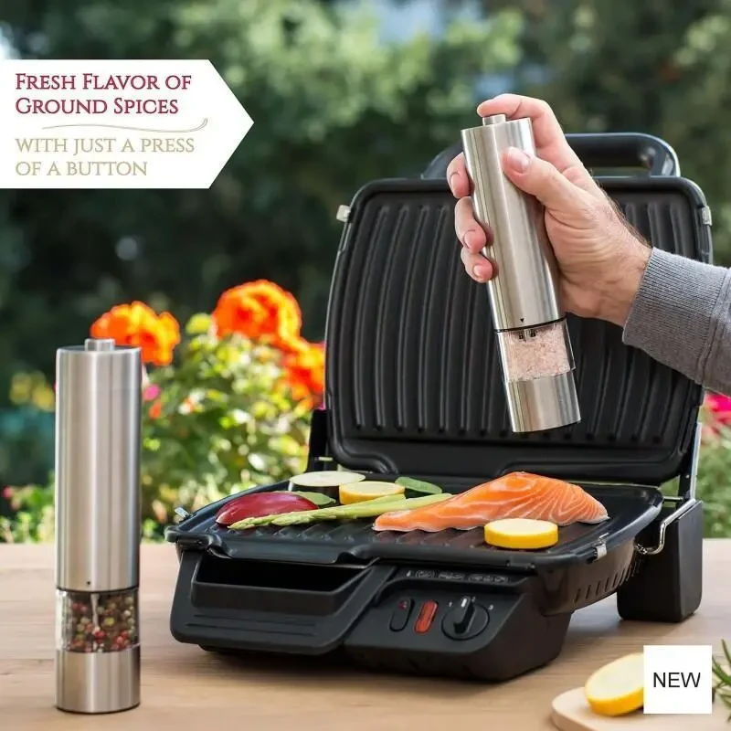 Electric Salt and Pepper Grinder Set - Battery Operated Stainless Steel Mill with Light