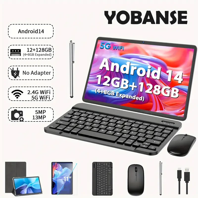 YOBANSE 2024 Android 14 Tablet 11-inch IPS LED Display, 2-in-1 with Keyboard, Stylus & Mouse, 12GB RAM (4GB+8GB Expand) 128GB ROM, Dual Camera 5MP+13MP, Wi-Fi 2.4G/5G, Rockchip CPU & Mali-G57 GPU, 1280x800 Screen Resolution, USB-C Charging, Fast Charge Su