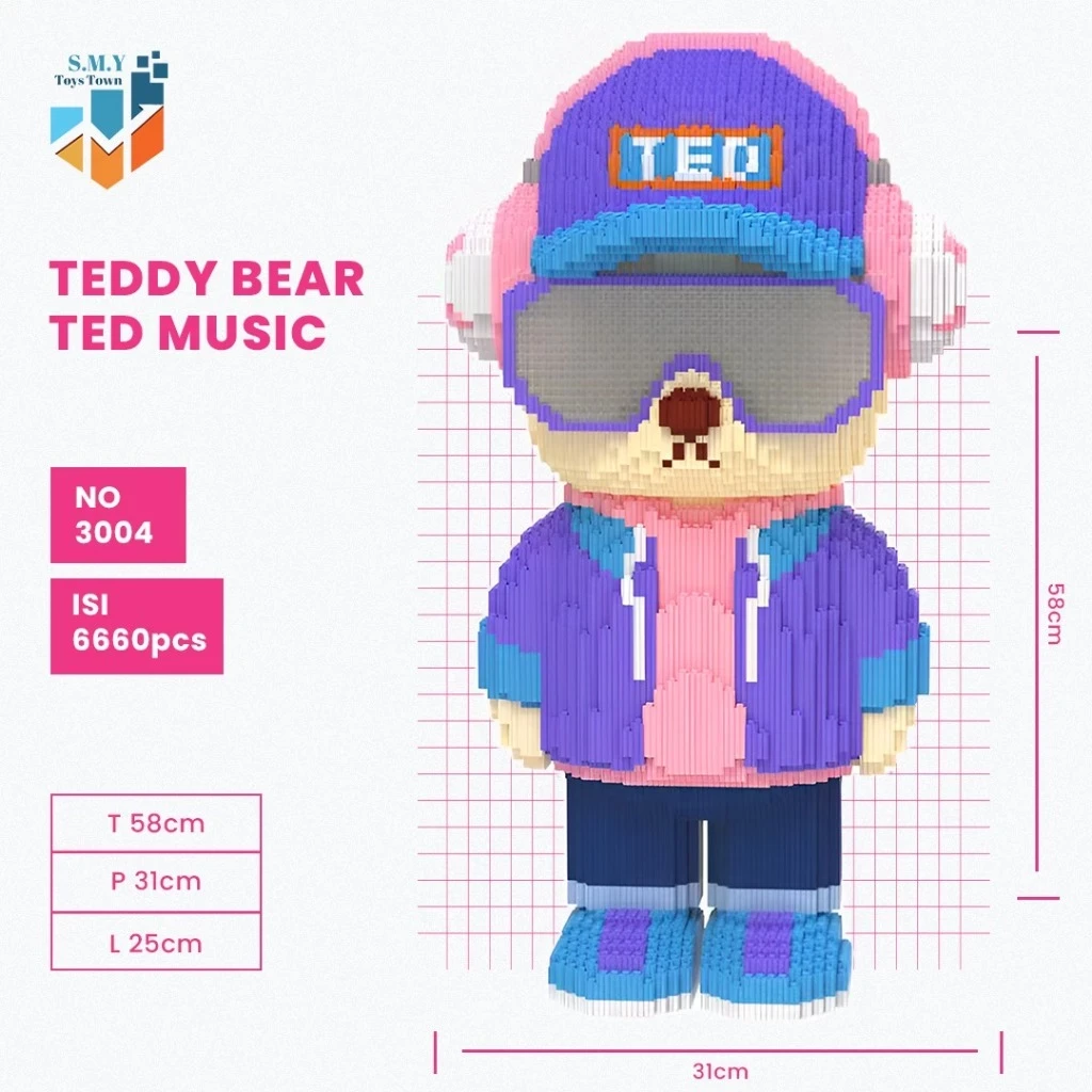 SMY Toystown Nano Blocks Teddy Bear Ted Music 3D Model, Toys Block Stacking, DIY Construction Blocks, Animation Character Decoration