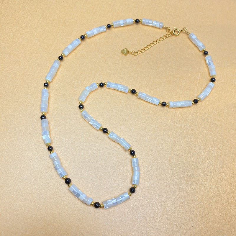 Silver Natural White Shell and Black Agate Beaded Necklace