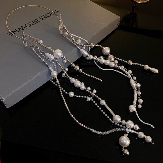 Geometric Crystal Pearl Ball Beads Chain Long Hair Accessories
