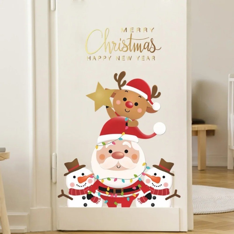 Cartoon Santa Claus, Elk, and Snowman Door & Window Stickers