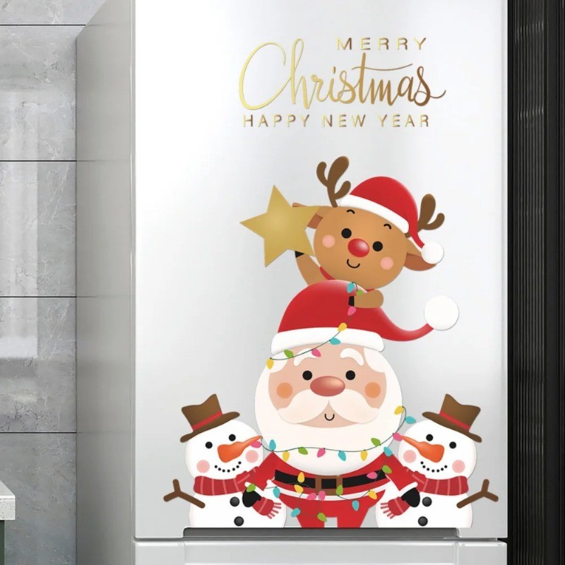 Cartoon Santa Claus, Elk, and Snowman Door & Window Stickers