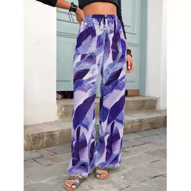 Leaf Print Drawstring Beach Pants