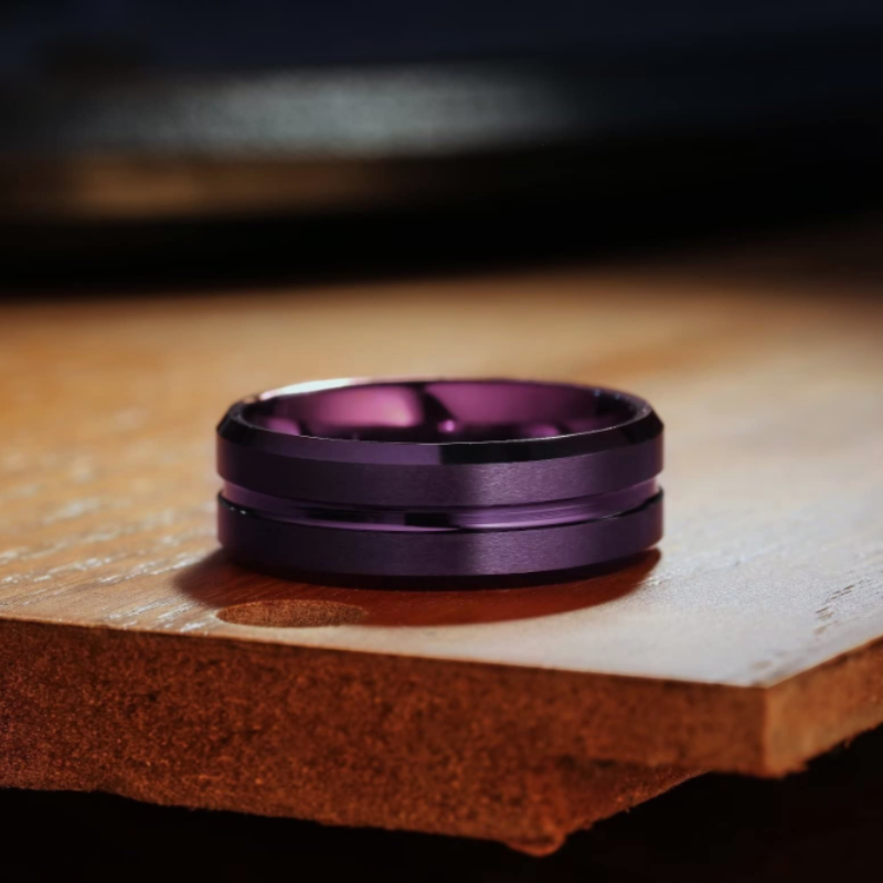 Stainless Steel New Classic Fashion Purple Bevel Edge Slotted Ring