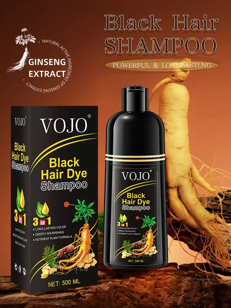 VOJO Natural Ginseng 3 in 1 Hair Dye Shampoo, 500ml, Long-Lasting Color, Black & Dark Brown, Nourishing Formula for Men & Women
