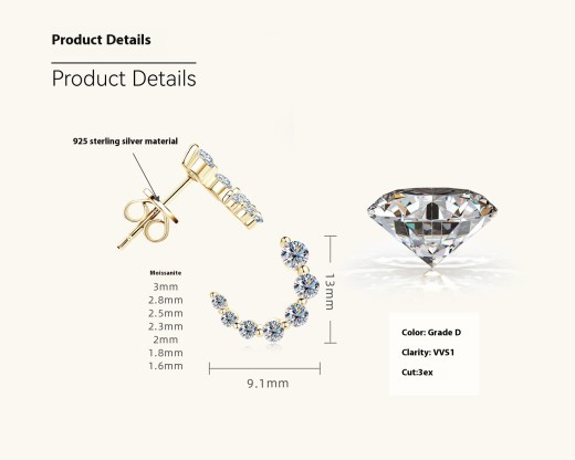 Fashion European And American Style C- Shaped Gradient Diamond Stud Earrings
