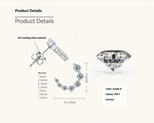 Fashion European And American Style C- Shaped Gradient Diamond Stud Earrings