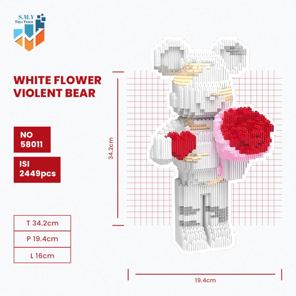 SMY Toystown Nano Blocks White Flower Violent Bear 3D Model, Toys Block Stacking, DIY Construction Block, Animation Character